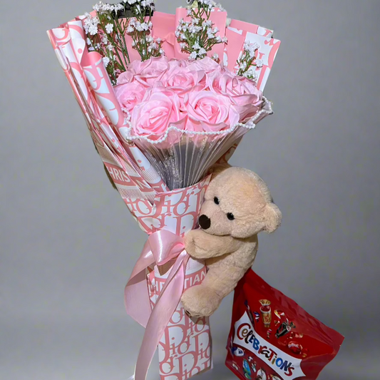 Glitter Rose Bouquet with Teddy