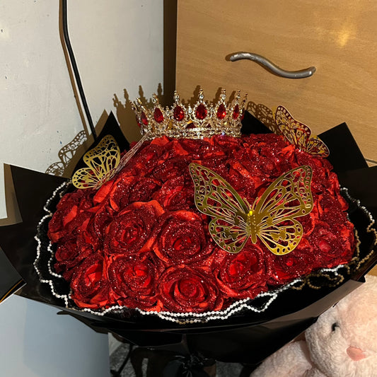 Red Glitter Forever Roses With Gold Crown