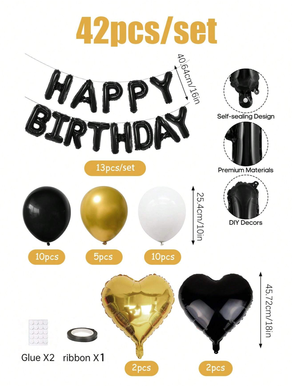 Black/Gold 'Happy Birthday' Balloon Set